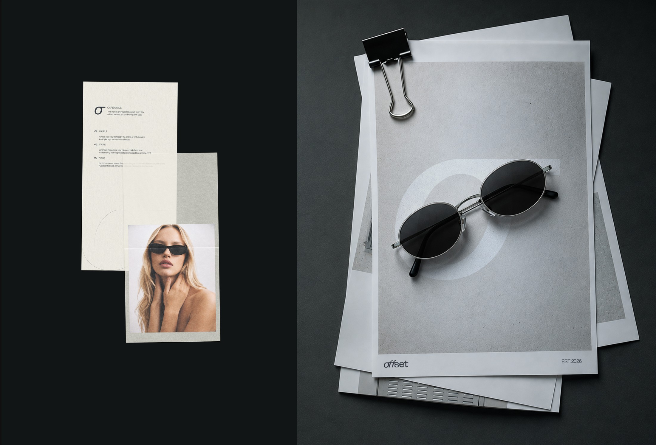 OFFSET care guide and printed sheets, EST. 2026, with a pair of glasses